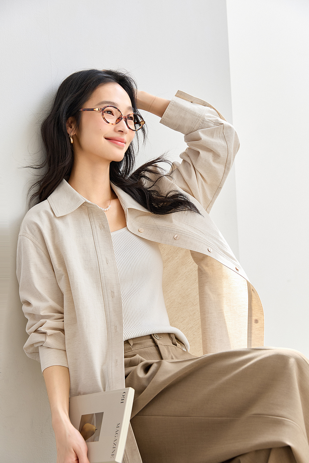 Oatmeal Oversized Shirt with Dual-Button Cuff Detail-VIMLYSTORE