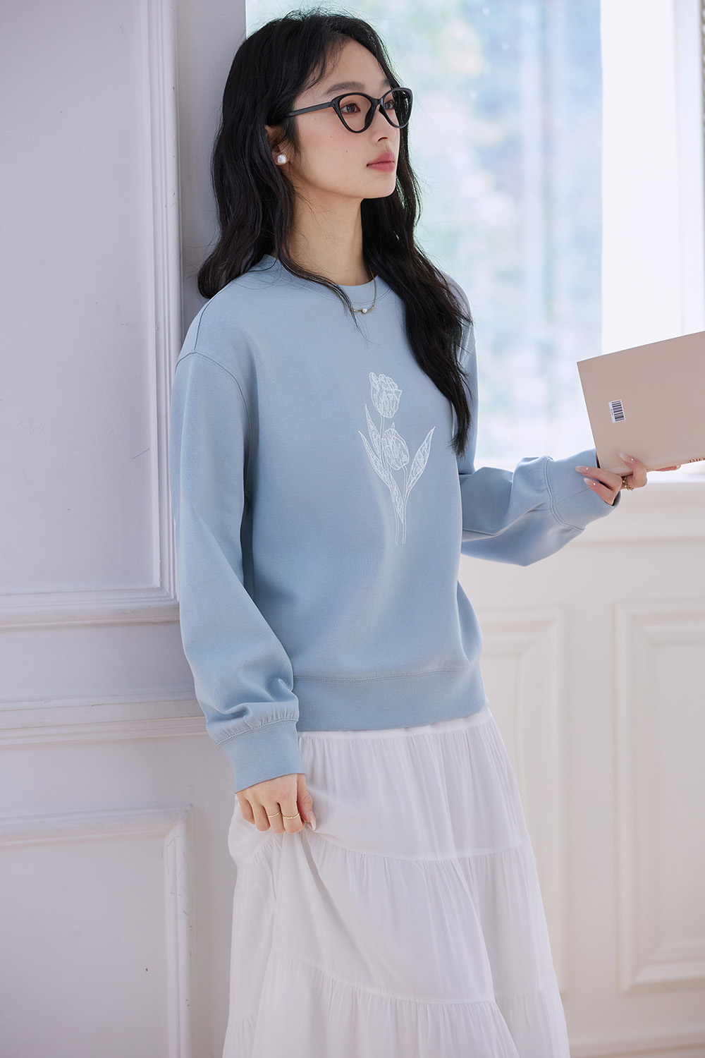 Sky Blue Tulip-Sleeve Oversized Pullover-VIMLYSTORE
