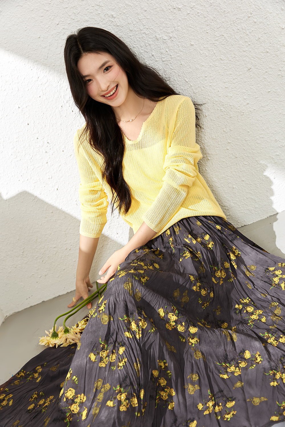 Yellow Cut-Out Tunic & Skirt Lounge Set-VIMLYSTORE