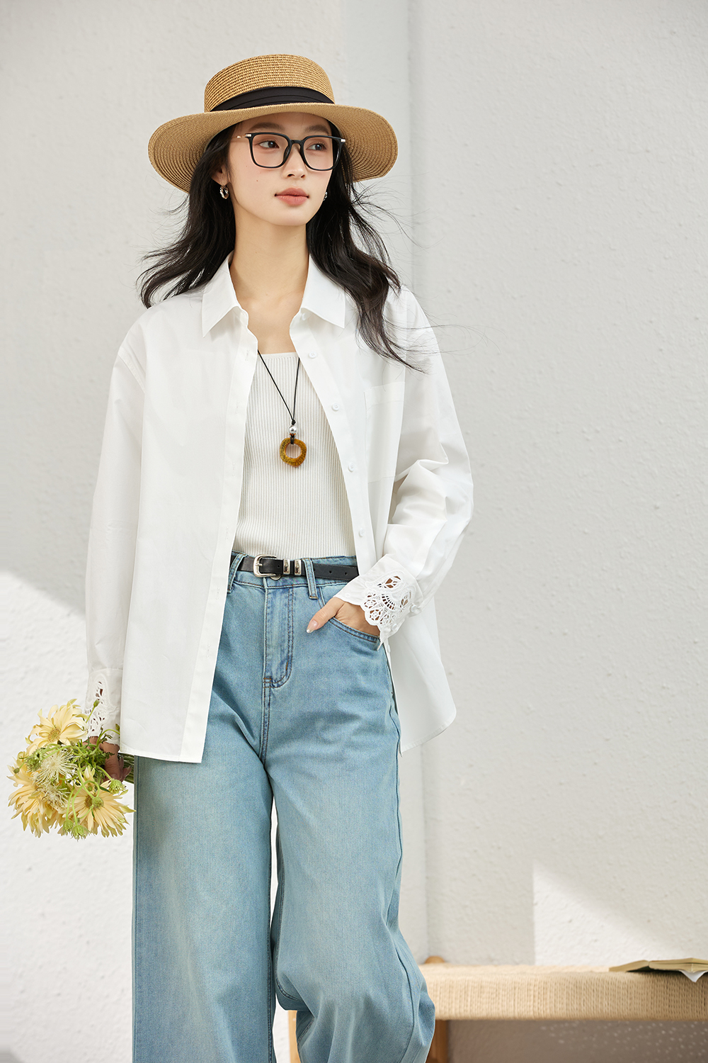 Artistic Cutwork Notch-Collar Blouse-VIMLYSTORE