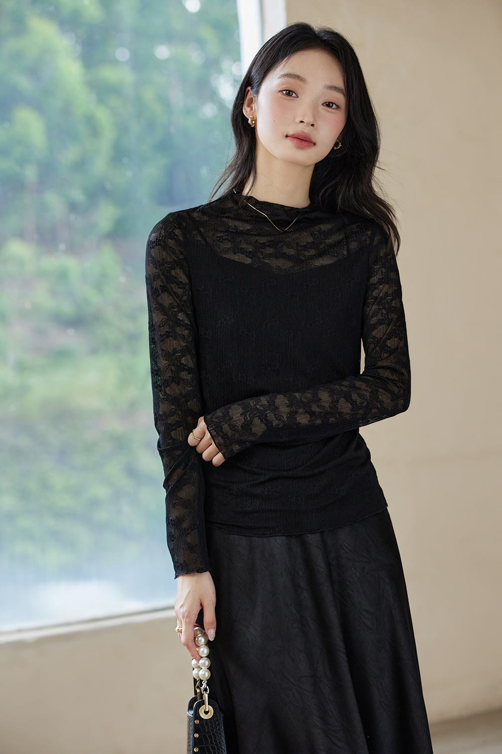Slim-fit Layering Semi-turtleneck Lace Long Sleeve T-shirt-VIMLYSTORE