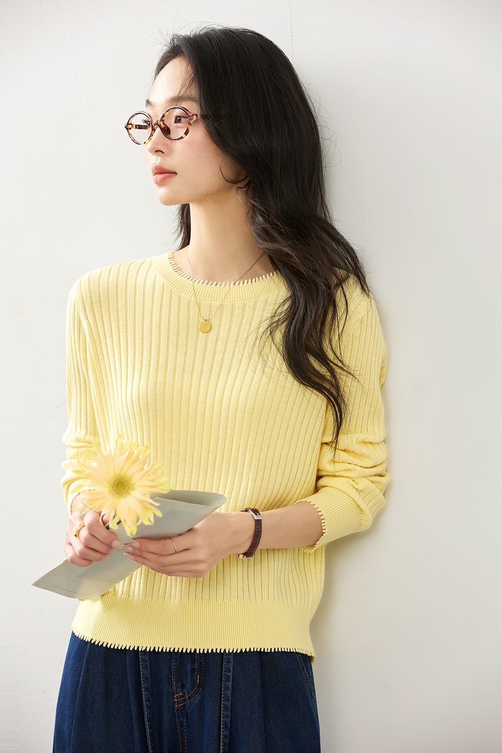 Ribbed Wool Blend Loose Round Neck Knitted Top-VIMLYSTORE