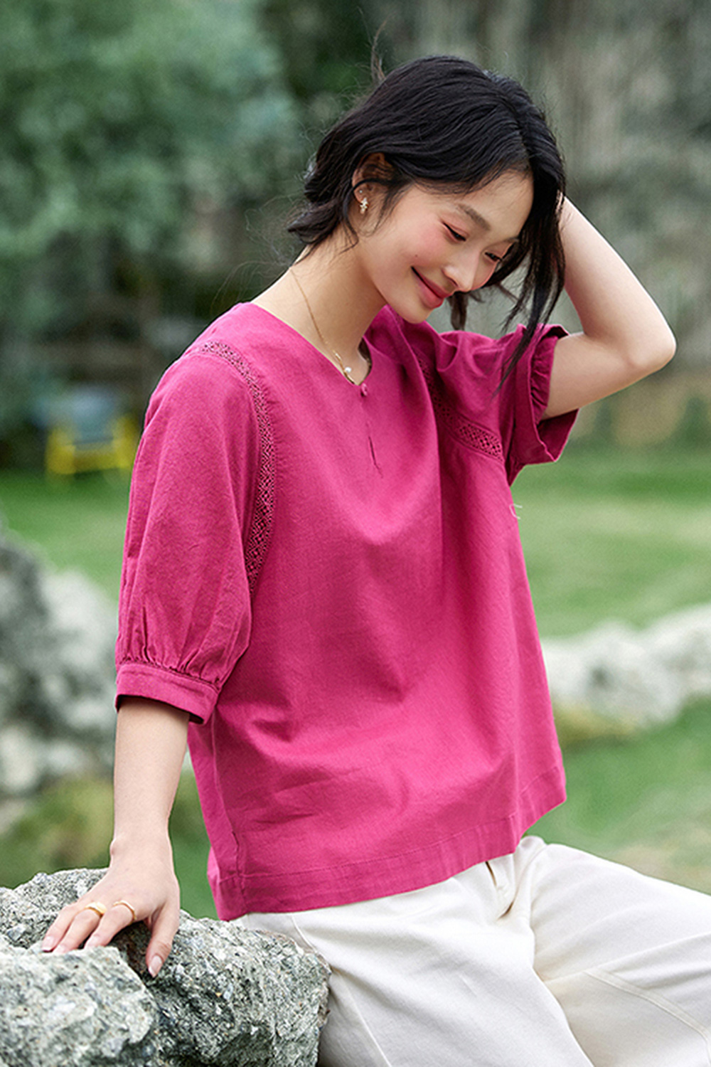 Stylish Raspberry Pink Lace Trim Round-Neck Blouse-VIMLYSTORE