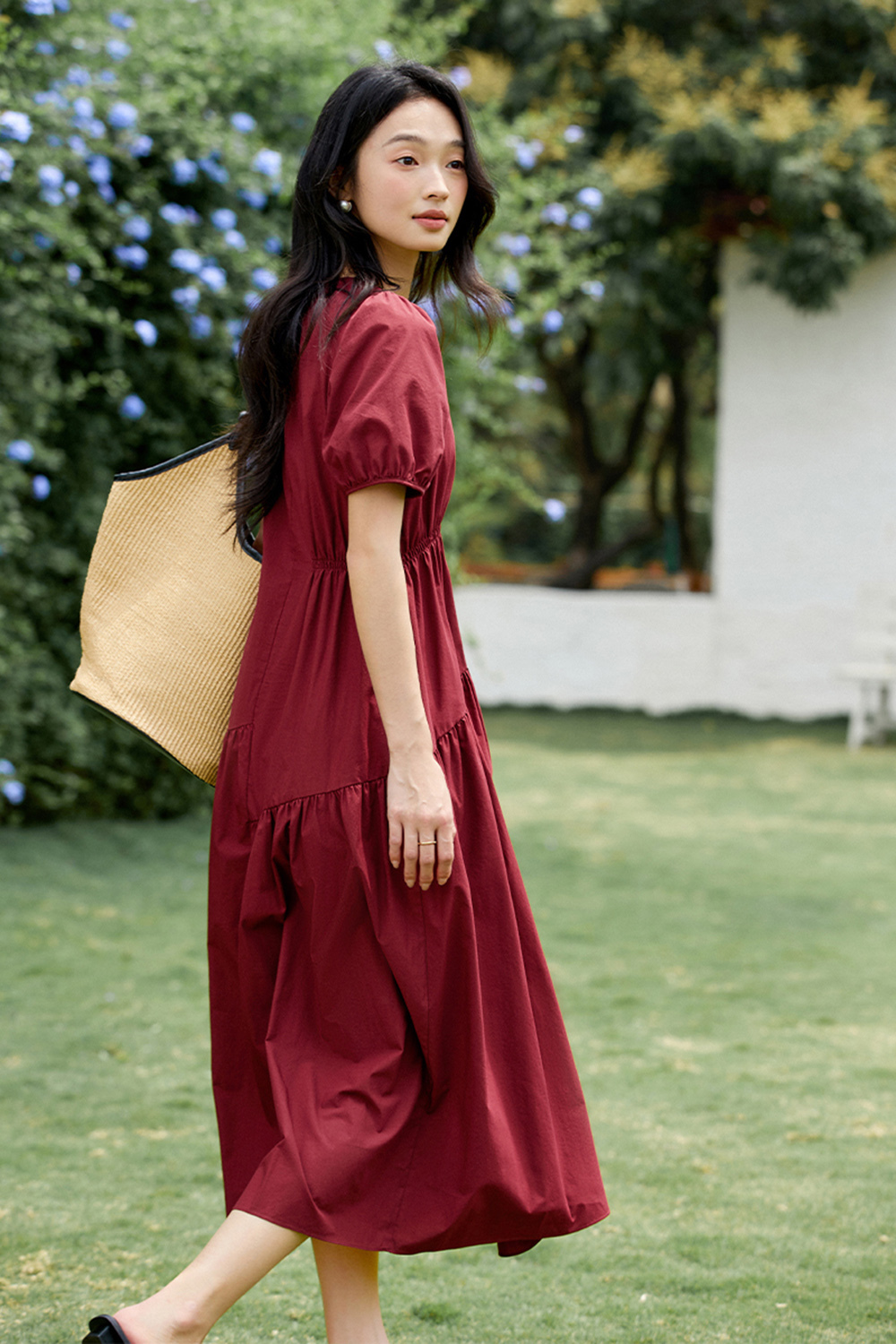 French Retro Asymmetrical Shirred Puff Sleeve Maxi Dress