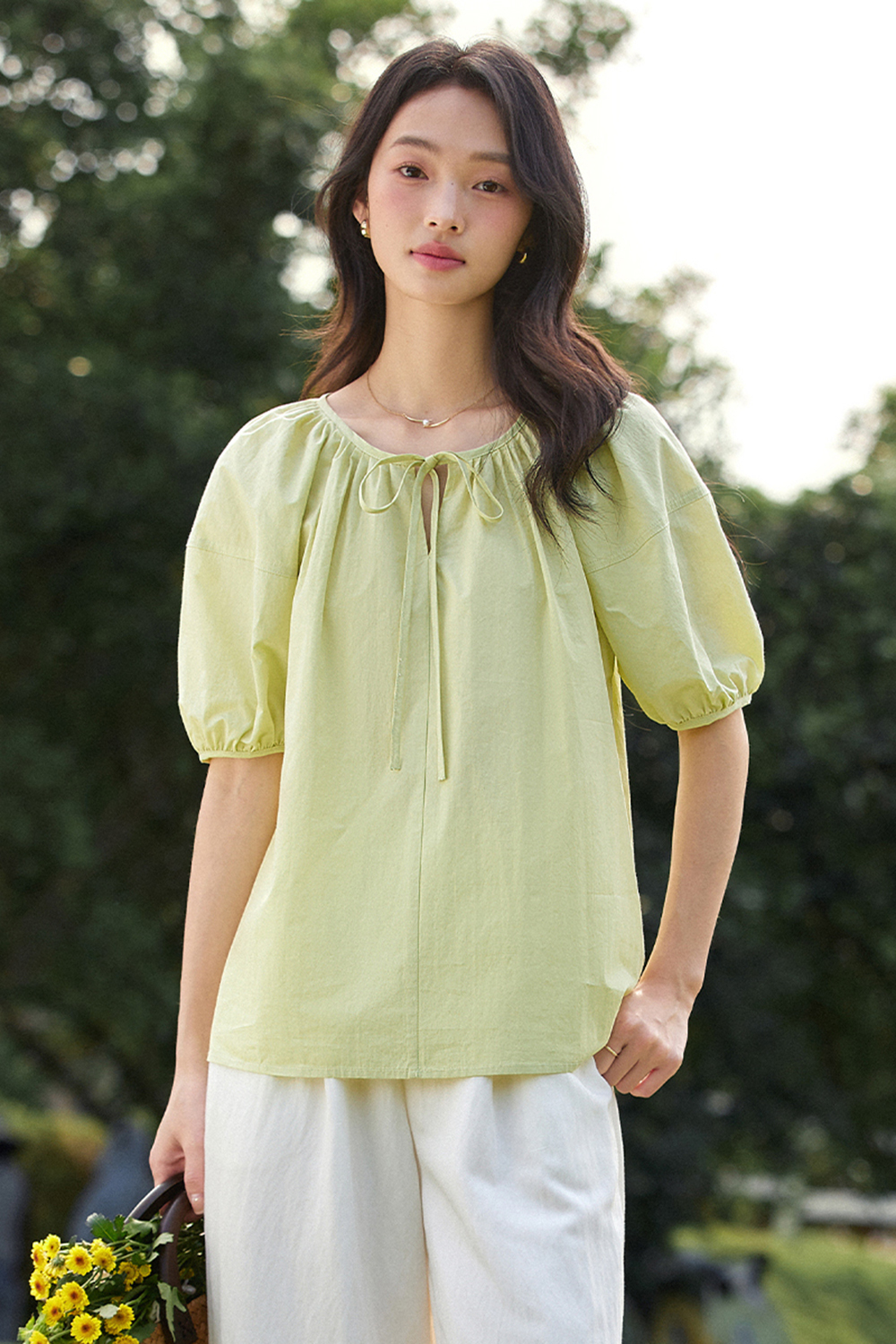 Casual & Stylish Loose Tie-Front Round Neck Puff Sleeve Blouse-VIMLYSTORE