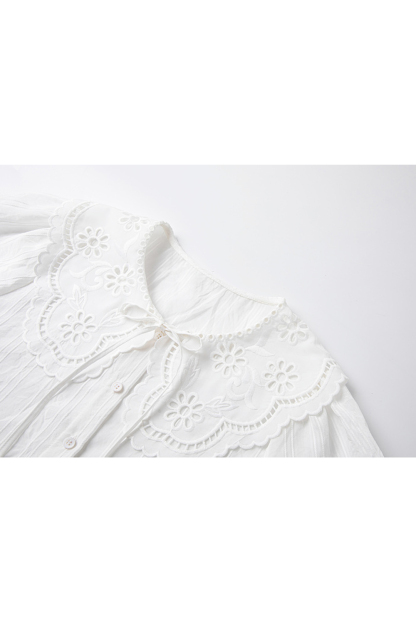 French Youthful Peter Pan Collar Short-Sleeve Blouse with Lace Trim-VIMLYSTORE