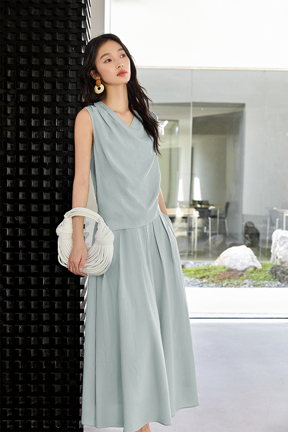 Fashionable & Elegant Sleeveless V-Neck Top with Midi Skirt Set-VIMLYSTORE