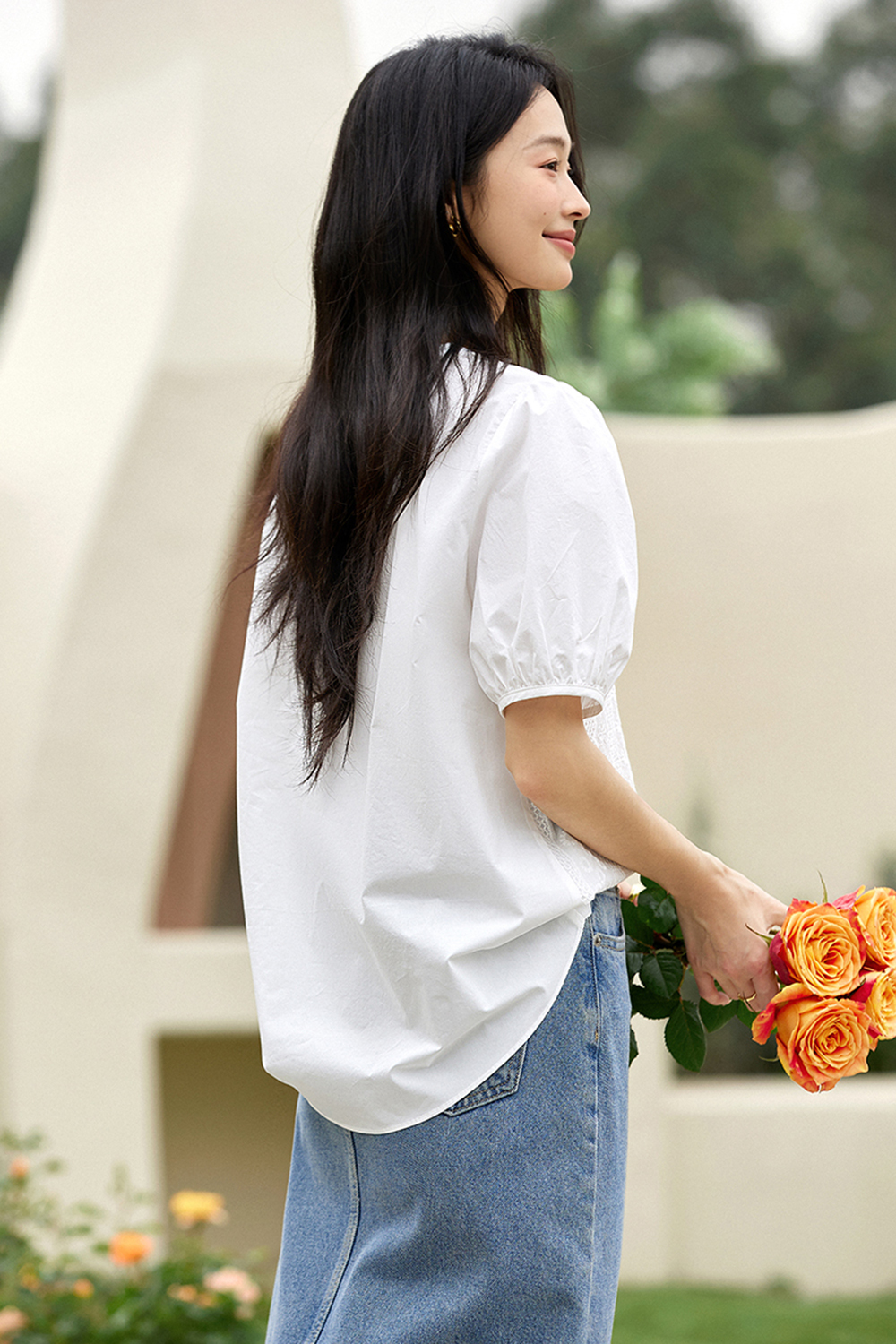 Casual Embroidered Puff-sleeve Cotton Top