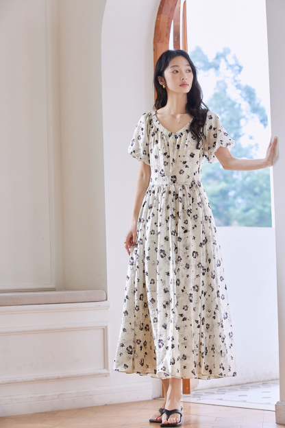 French Floral Soft V-Neck Puff Sleeve Slimming Maxi Dress