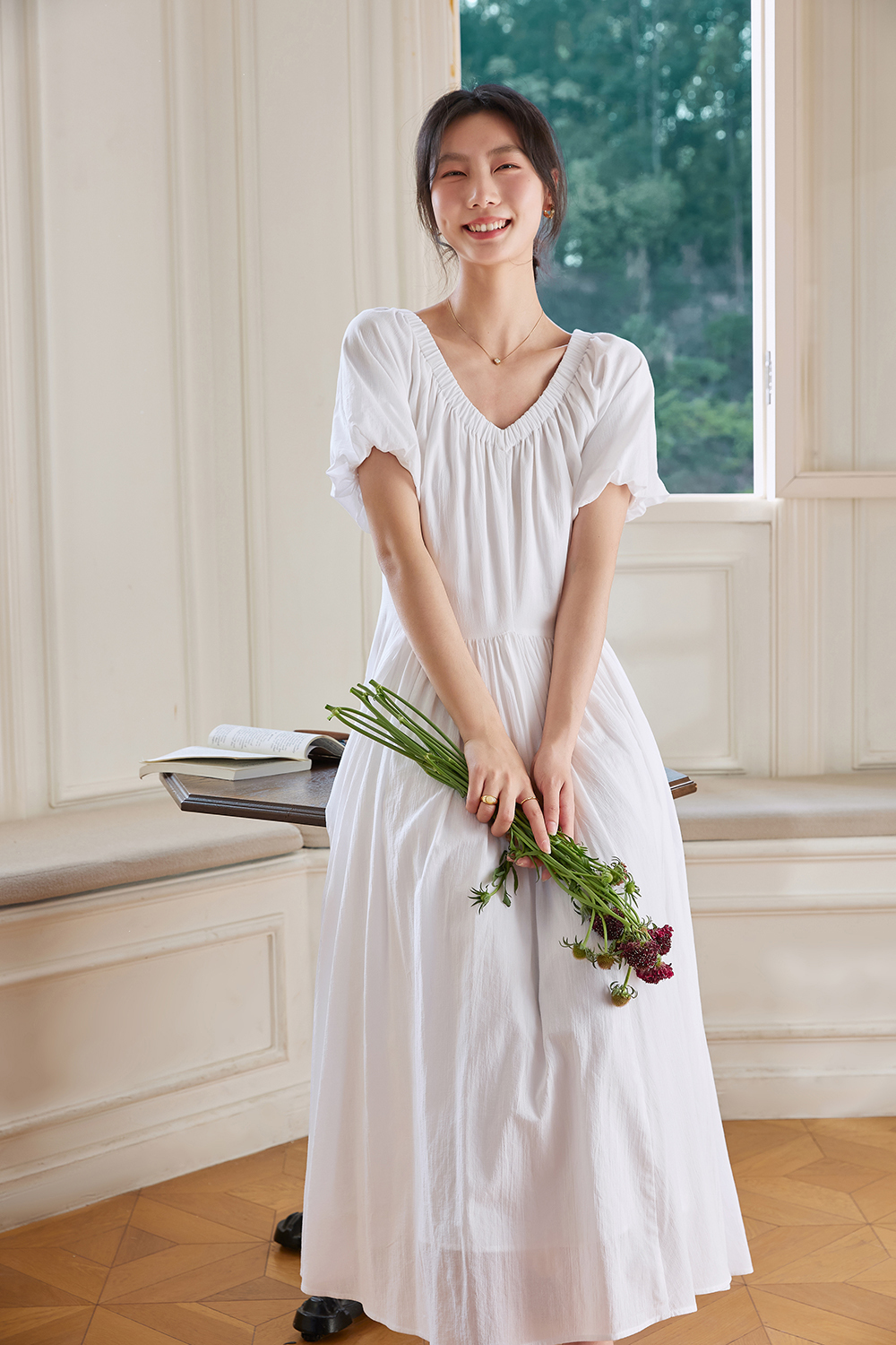 French Floral Soft V-Neck Puff Sleeve Slimming Maxi Dress