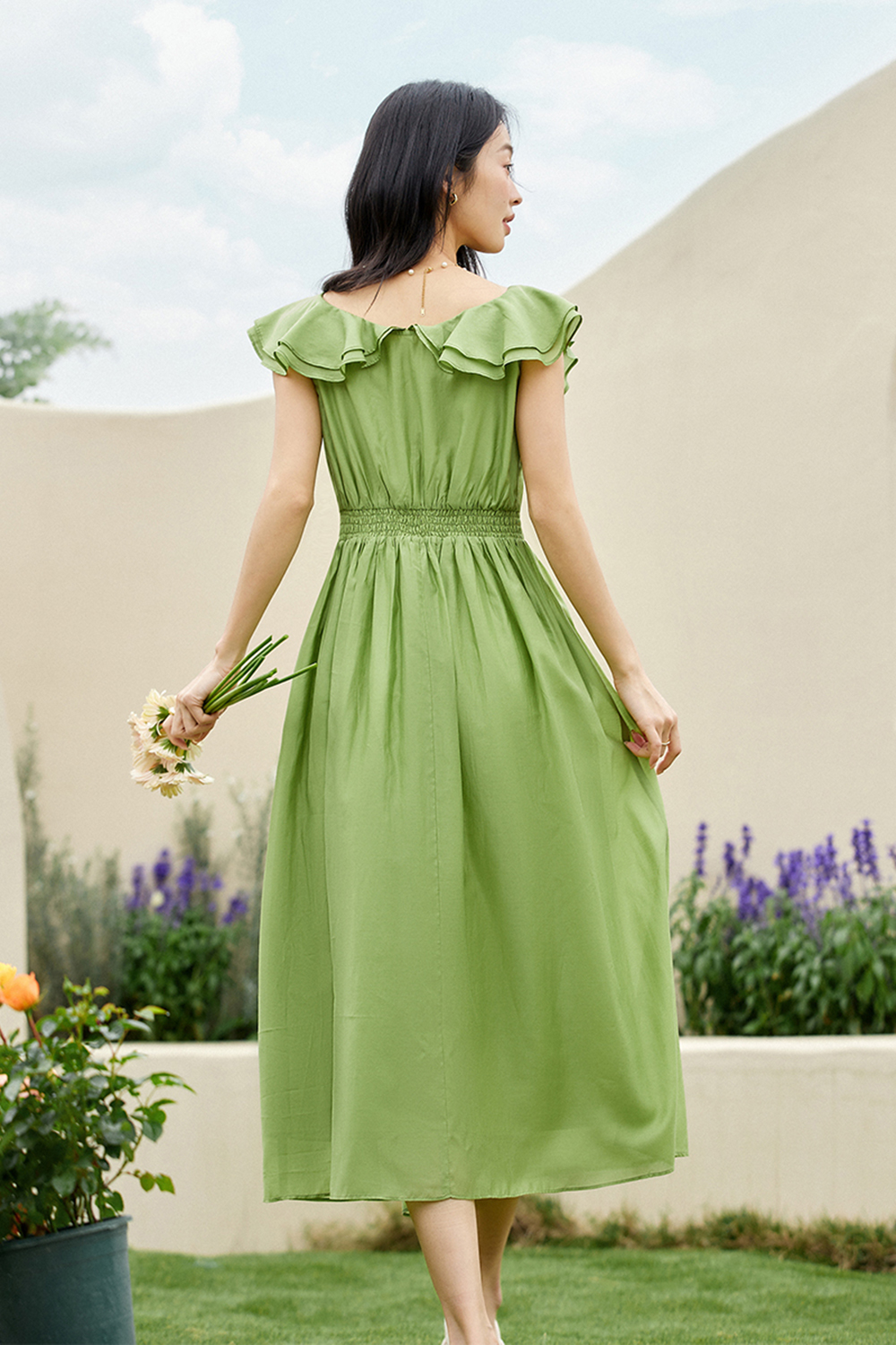 Sweet U-neck Ruffled Waist-defining Slim Dress-VIMLYSTORE