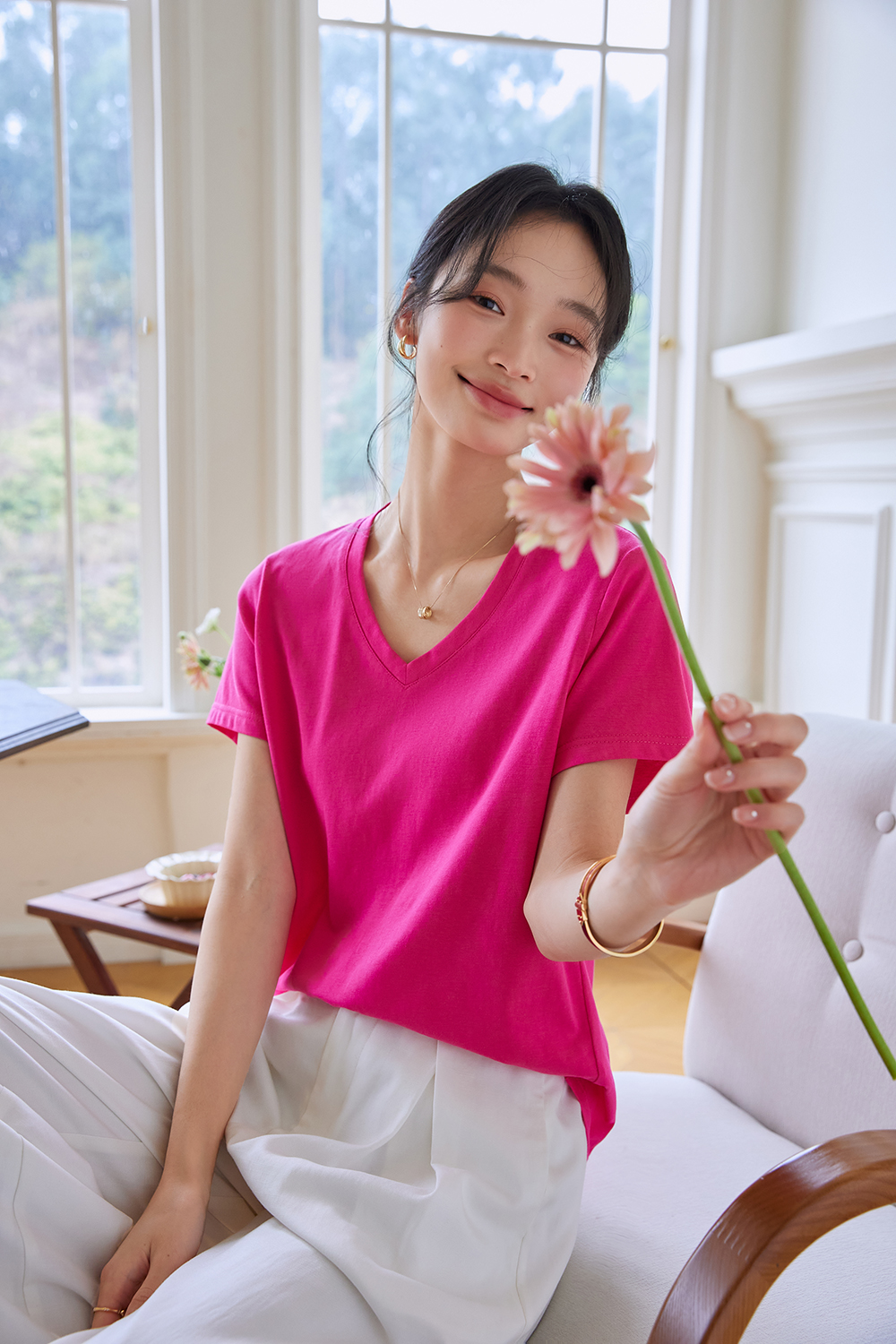 Dopamine Solid Color Casual Versatile V-Neck Loose Top-VIMLYSTORE