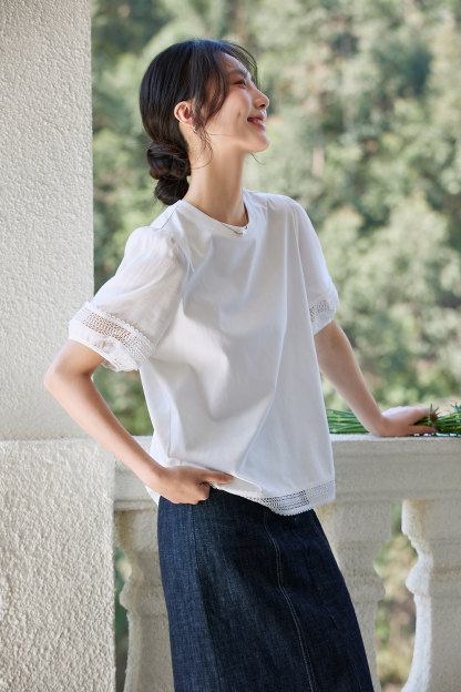 Lace Trim Lantern Sleeve Round Neck Short Sleeve T-Shirt-VIMLYSTORE
