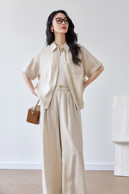 Trendy Relaxed Short-Sleeve Top with High-Waist Wide-Leg Pants Set