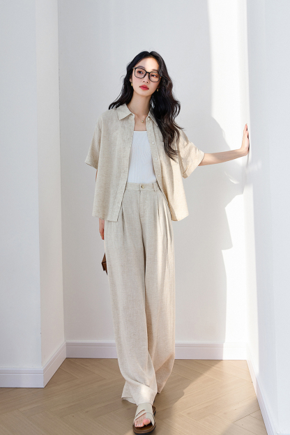 Trendy Relaxed Short-Sleeve Top with High-Waist Wide-Leg Pants Set