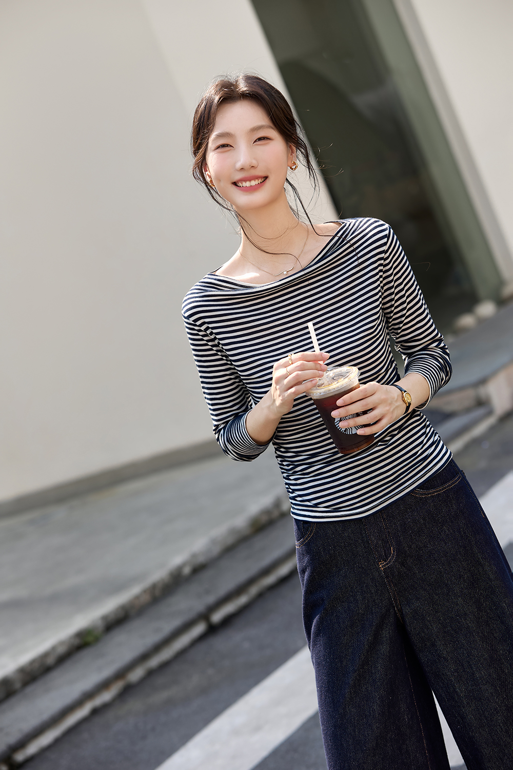 Vintage Stripe Boat Neck Slimming Long Sleeve T-Shirt-VIMLYSTORE