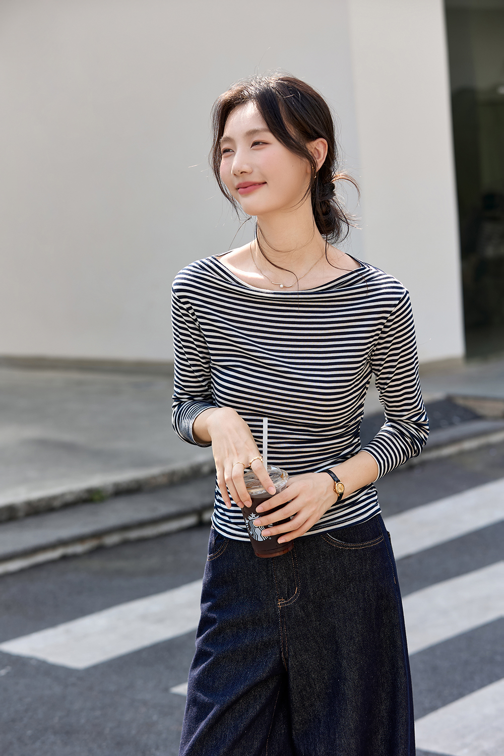 Vintage Stripe Boat Neck Slimming Long Sleeve T-Shirt-VIMLYSTORE