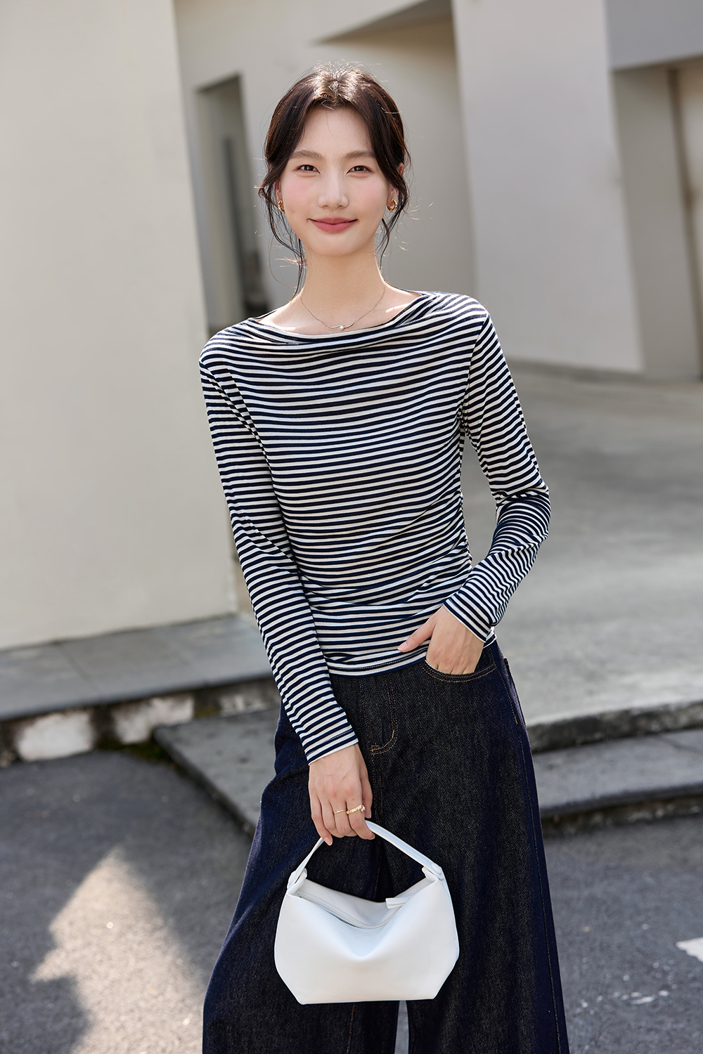 Vintage Stripe Boat Neck Slimming Long Sleeve T-Shirt-VIMLYSTORE