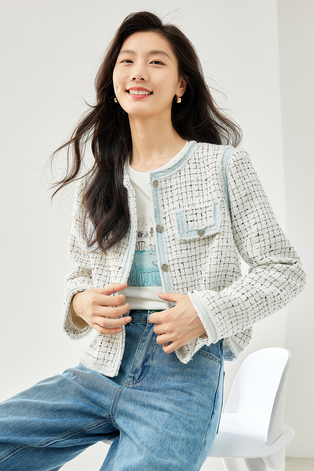 Tweed fabric contrasting color coat-VIMLYSTORE