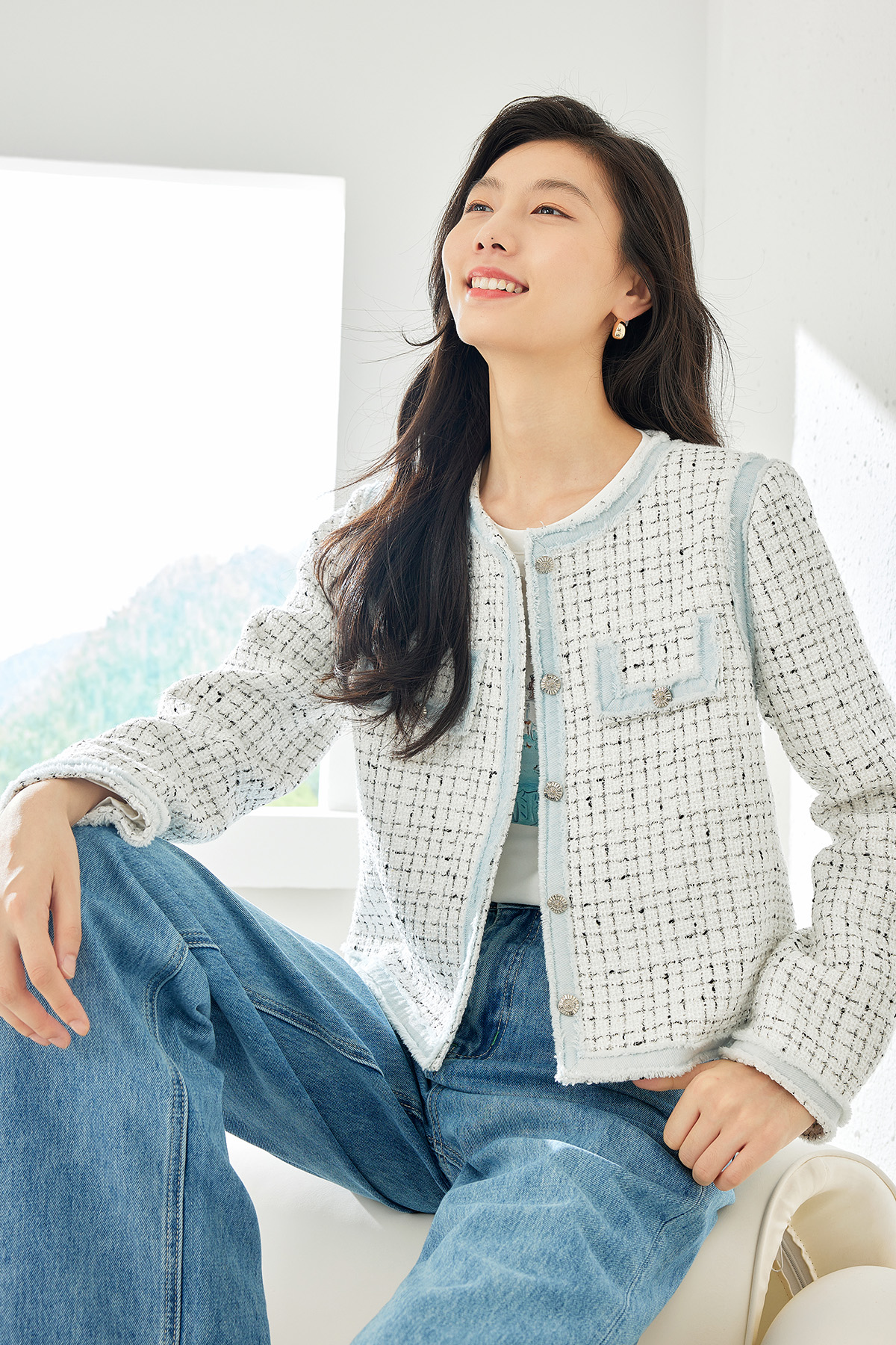 Tweed fabric contrasting color coat-VIMLYSTORE