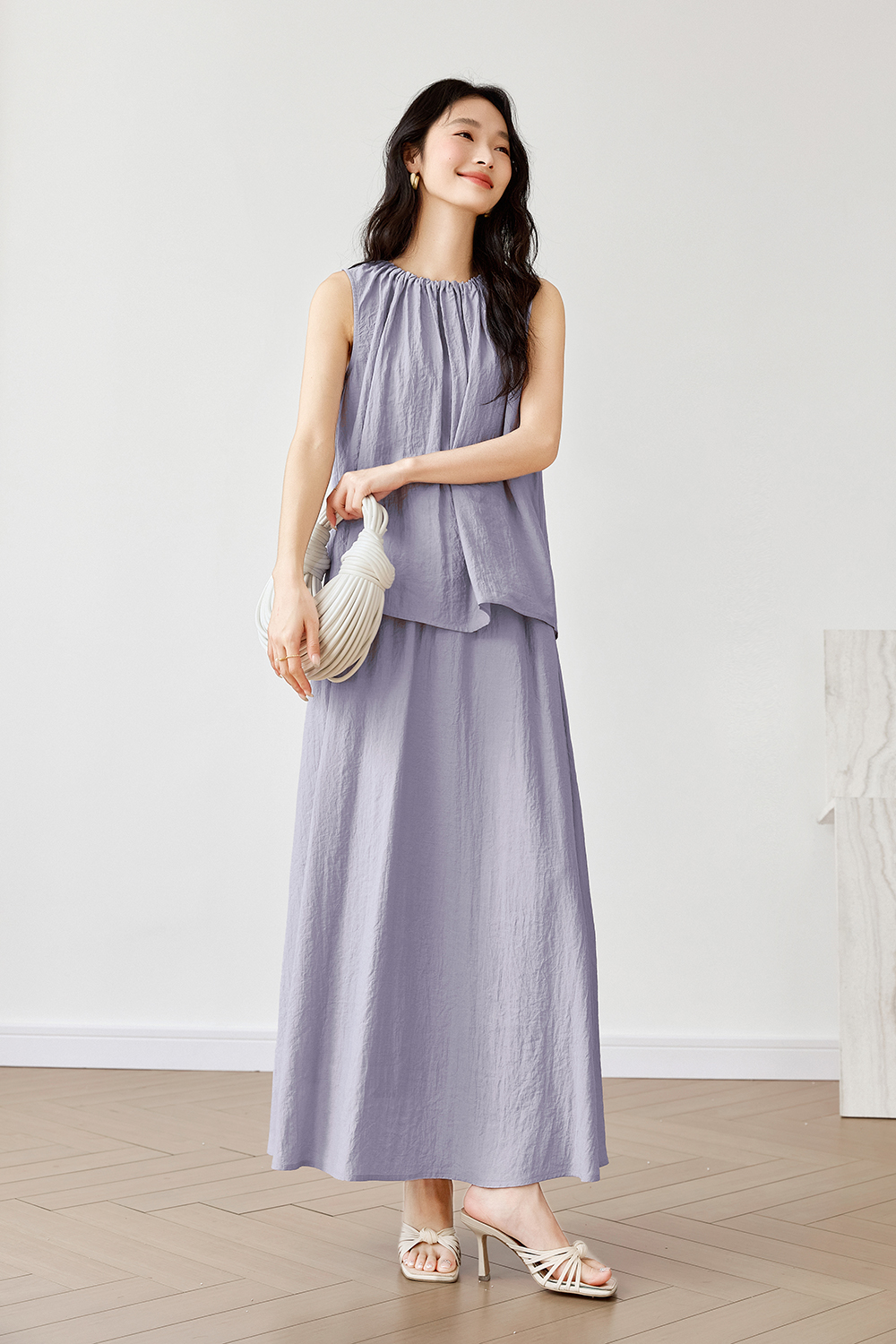 French-Casual Round Neck Sleeveless Top with Flowy Skirt Set-VIMLYSTORE