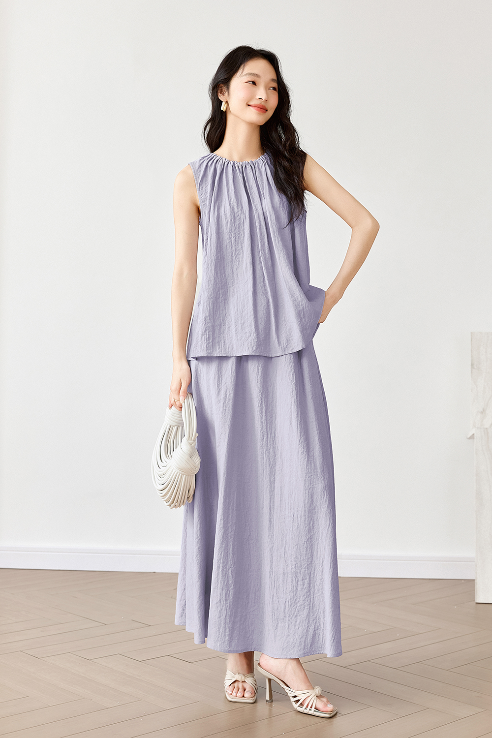 French-Casual Round Neck Sleeveless Top with Flowy Skirt Set-VIMLYSTORE