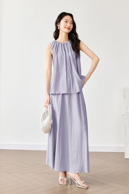 French-Casual Round Neck Sleeveless Top with Flowy Skirt Set-VIMLYSTORE