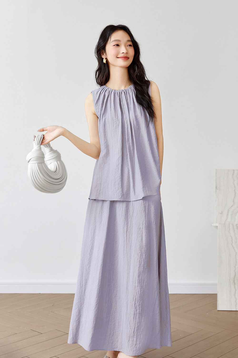 French-Casual Round Neck Sleeveless Top with Flowy Skirt Set-VIMLYSTORE