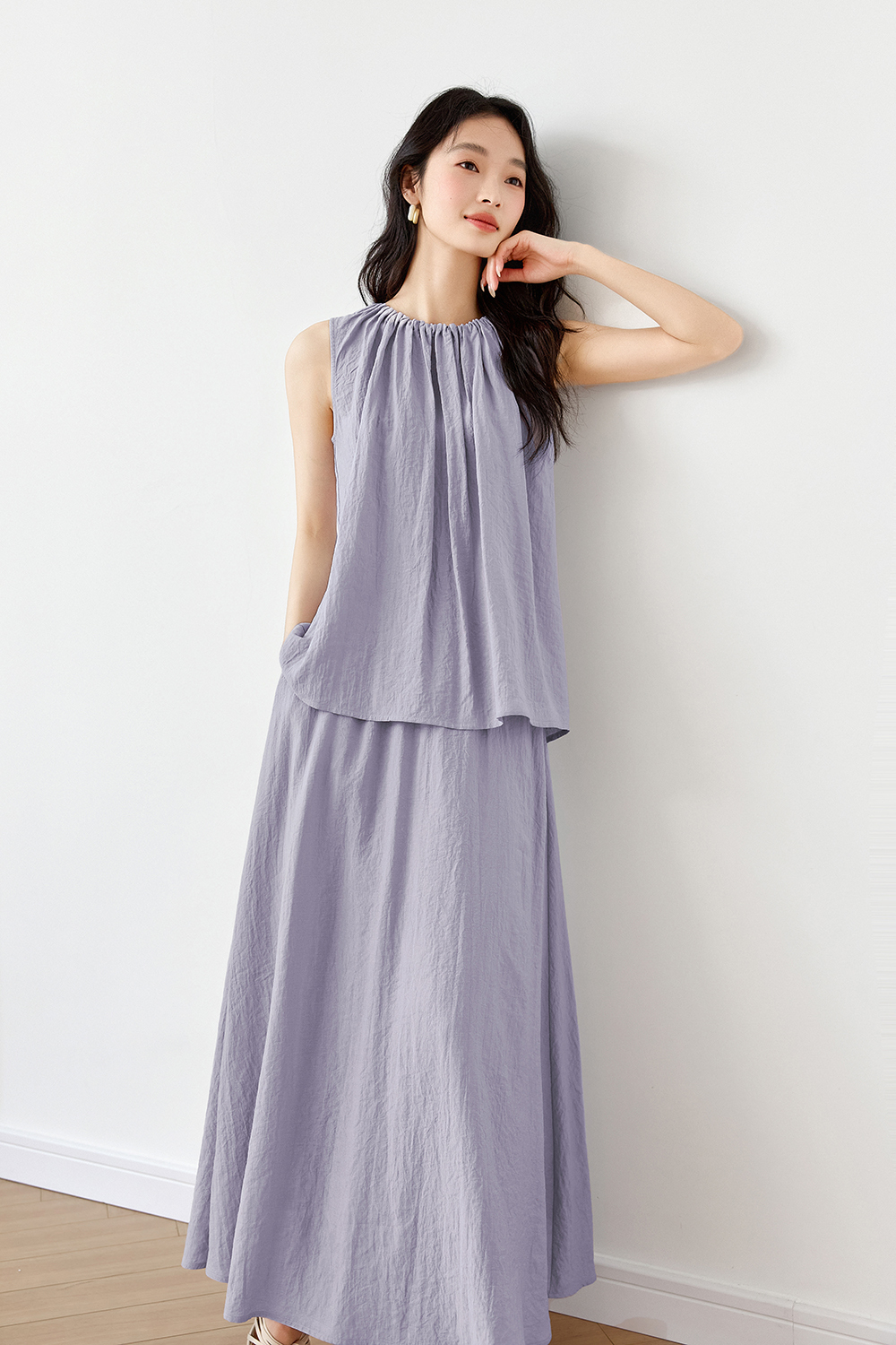 French-Casual Round Neck Sleeveless Top with Flowy Skirt Set-VIMLYSTORE
