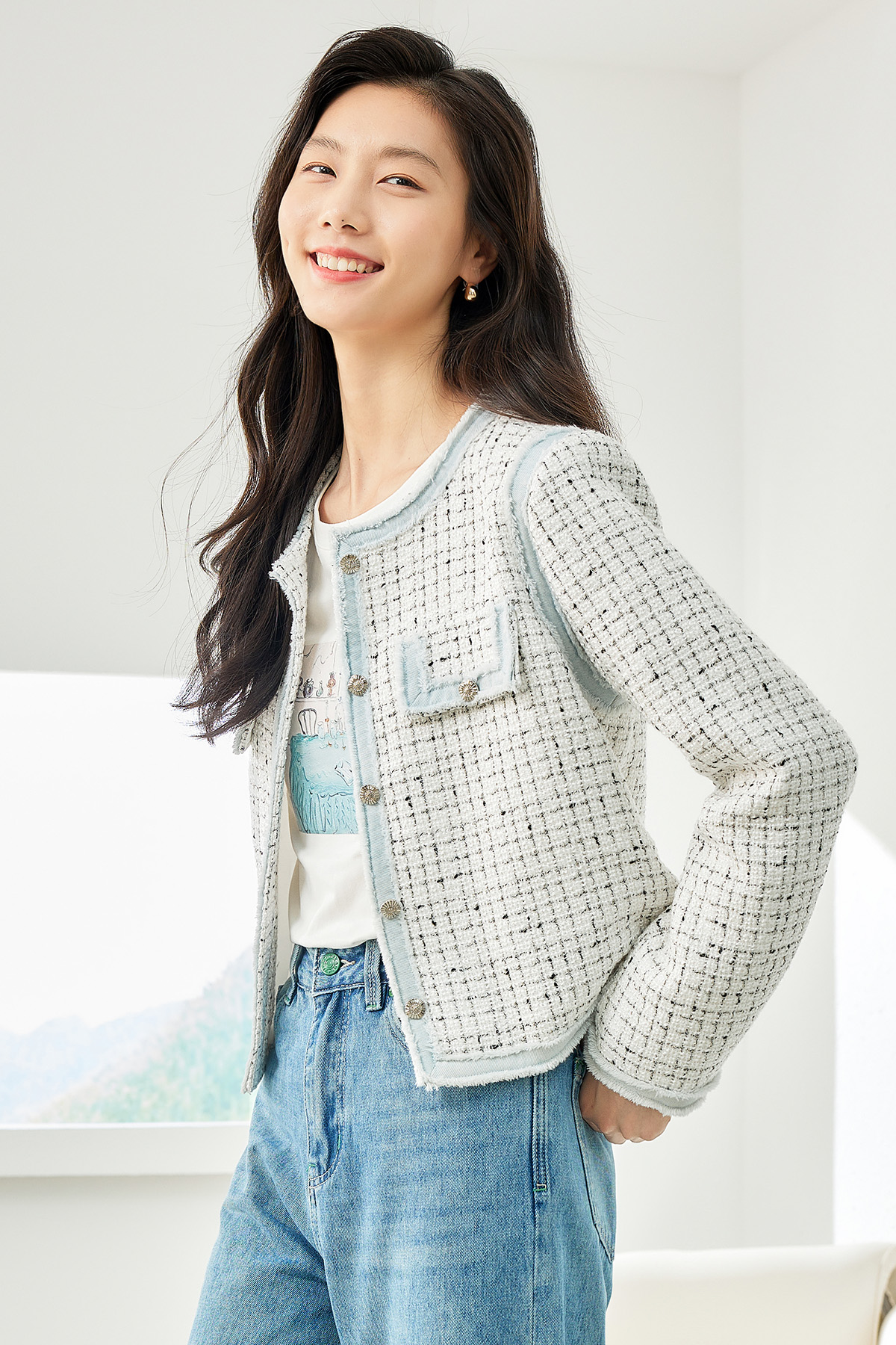 Tweed fabric contrasting color coat-VIMLYSTORE