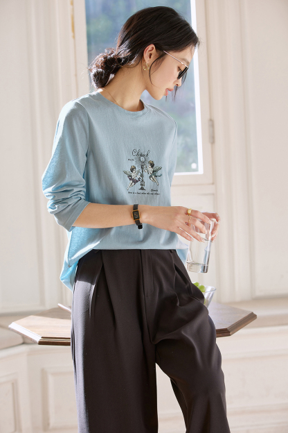 Relaxed Fit Long-Sleeve Tee with Cherub Print-VIMLYSTORE