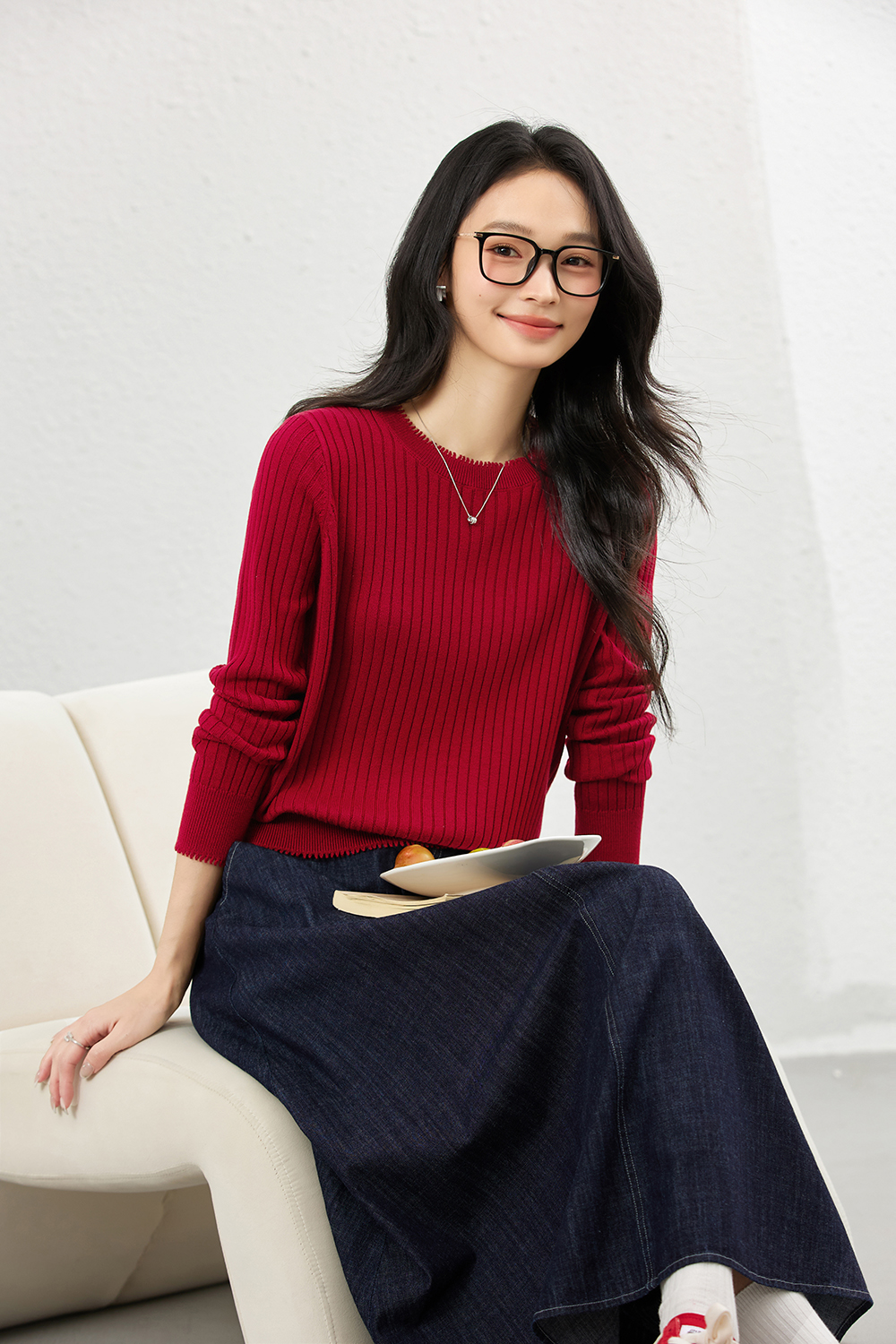 Ribbed Wool Blend Loose Round Neck Knitted Top-VIMLYSTORE