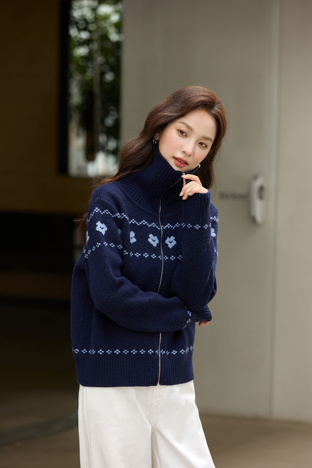 Navy Blue Jacquard Zippered Knitted Cardigan