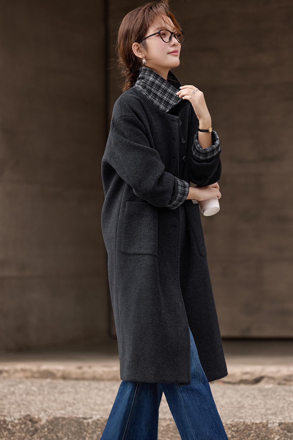 Grey Plaid Patchwork Woolen Coat