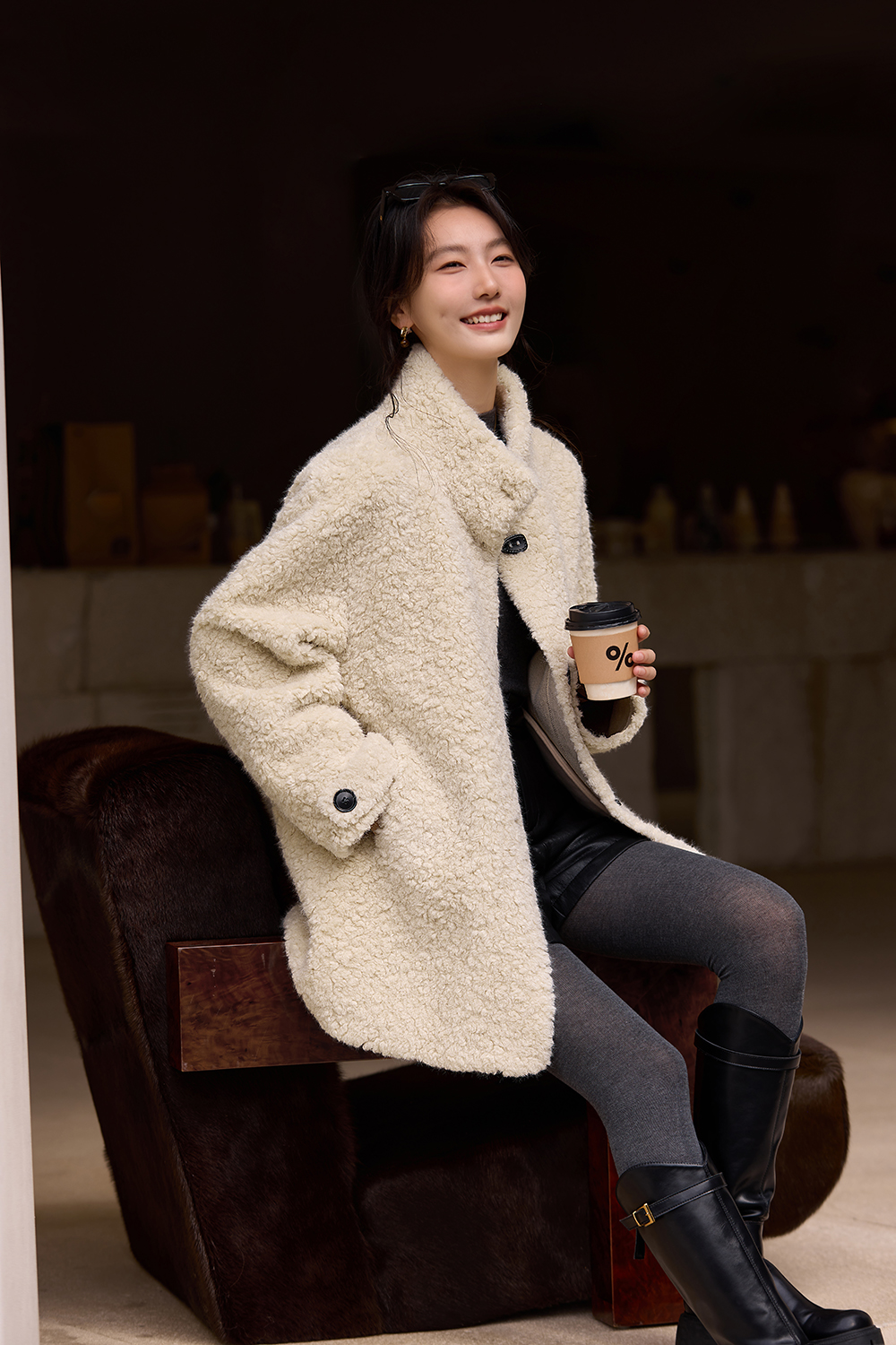 Stand Collar Shearling-Lined Coat