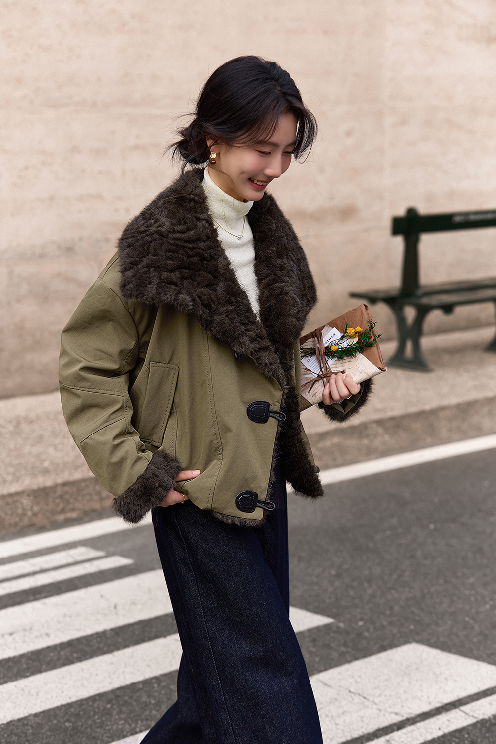 Fleece Lapel Toggle Button Coat