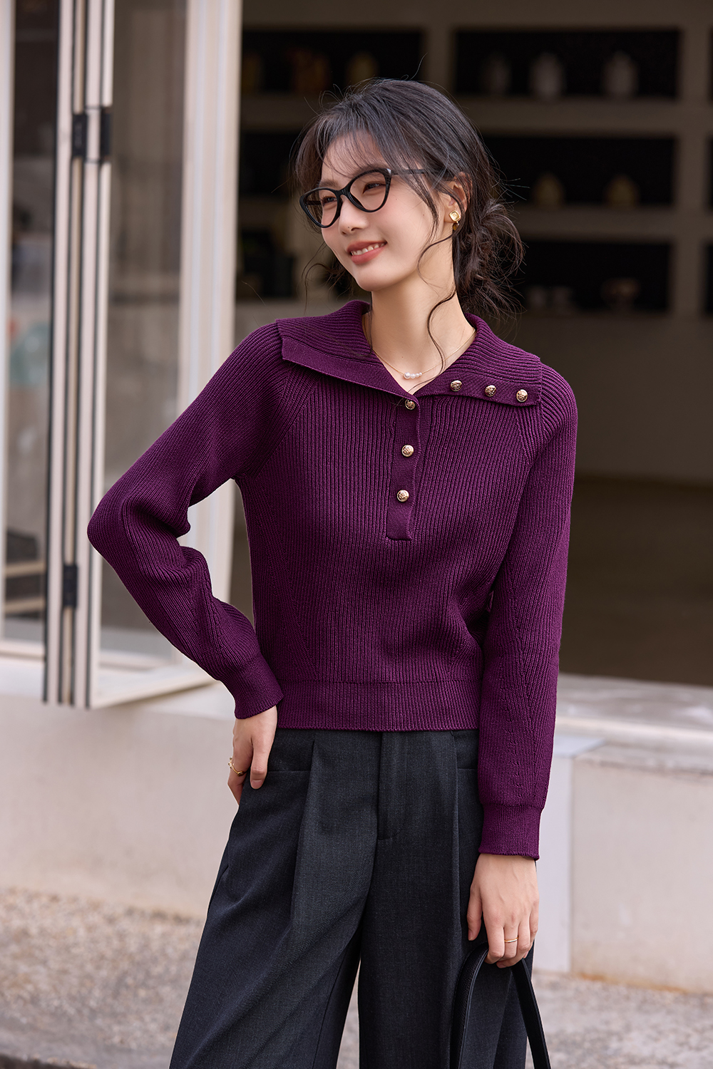 Plum Purple Lapel Knit Sweater
