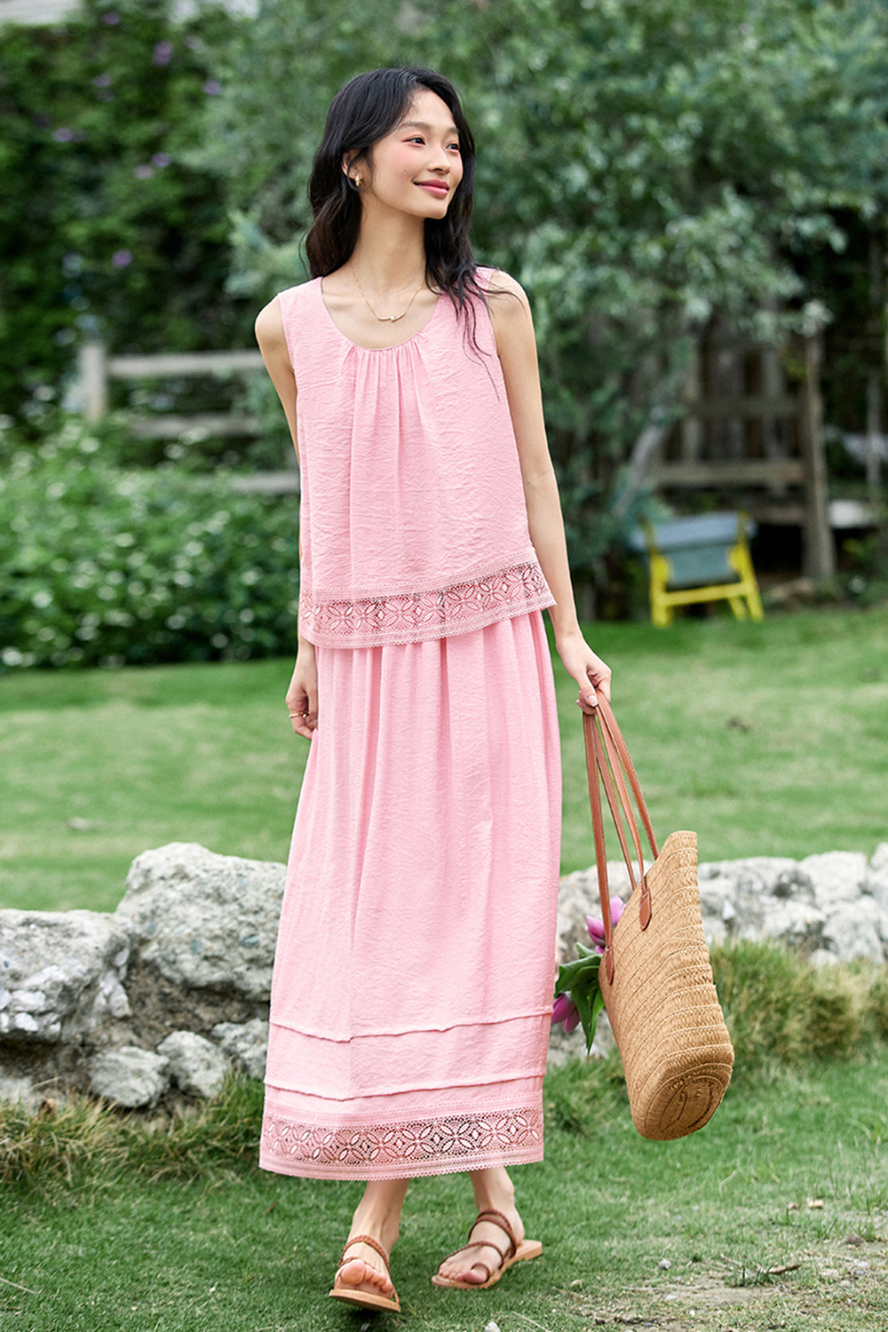 Linen Blend Stitching Lace Sleeveless Top and Half Umbrella skirt Suit-VIMLYSTORE
