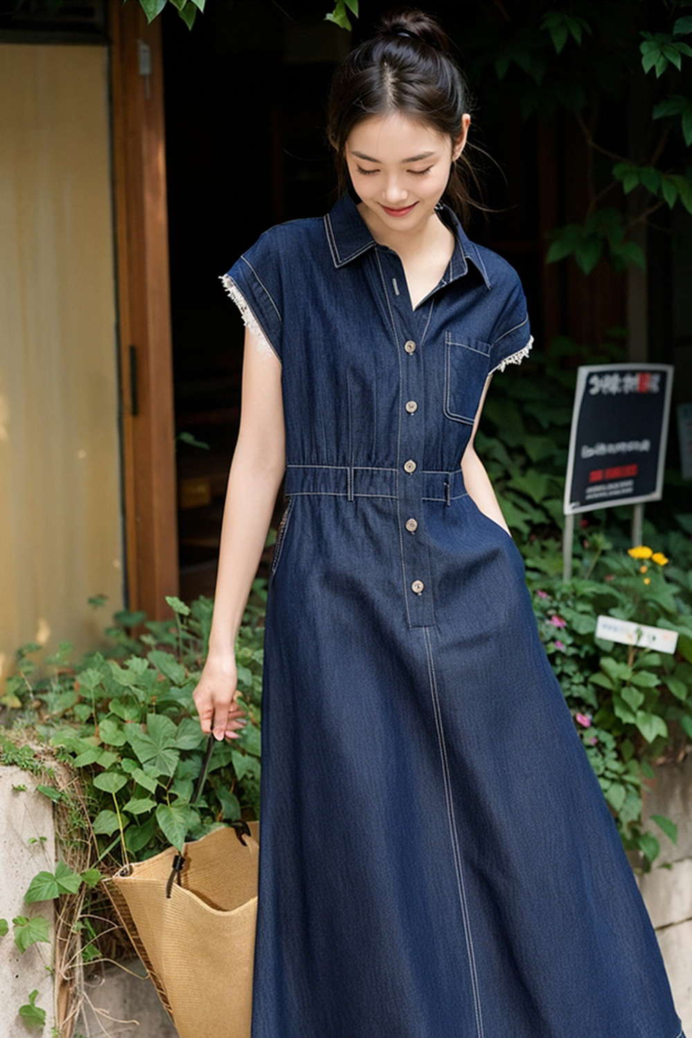 Retro Denim Dress with Lace Sleeves and Waist-Defining Silhouette