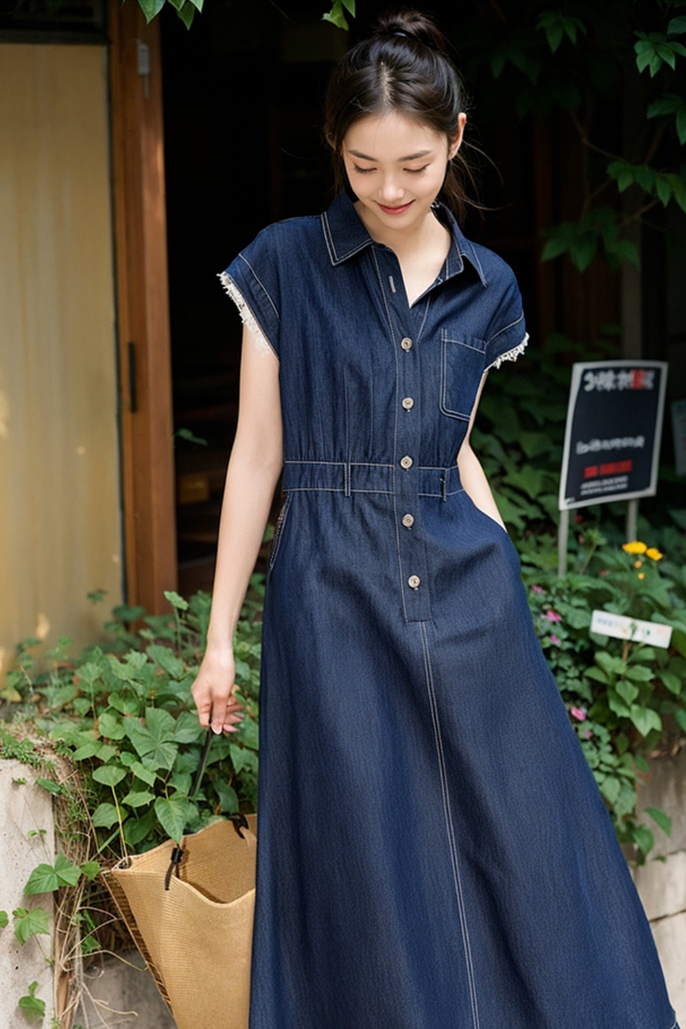 Retro Denim Dress with Lace Sleeves and Waist-Defining Silhouette-VIMLYSTORE