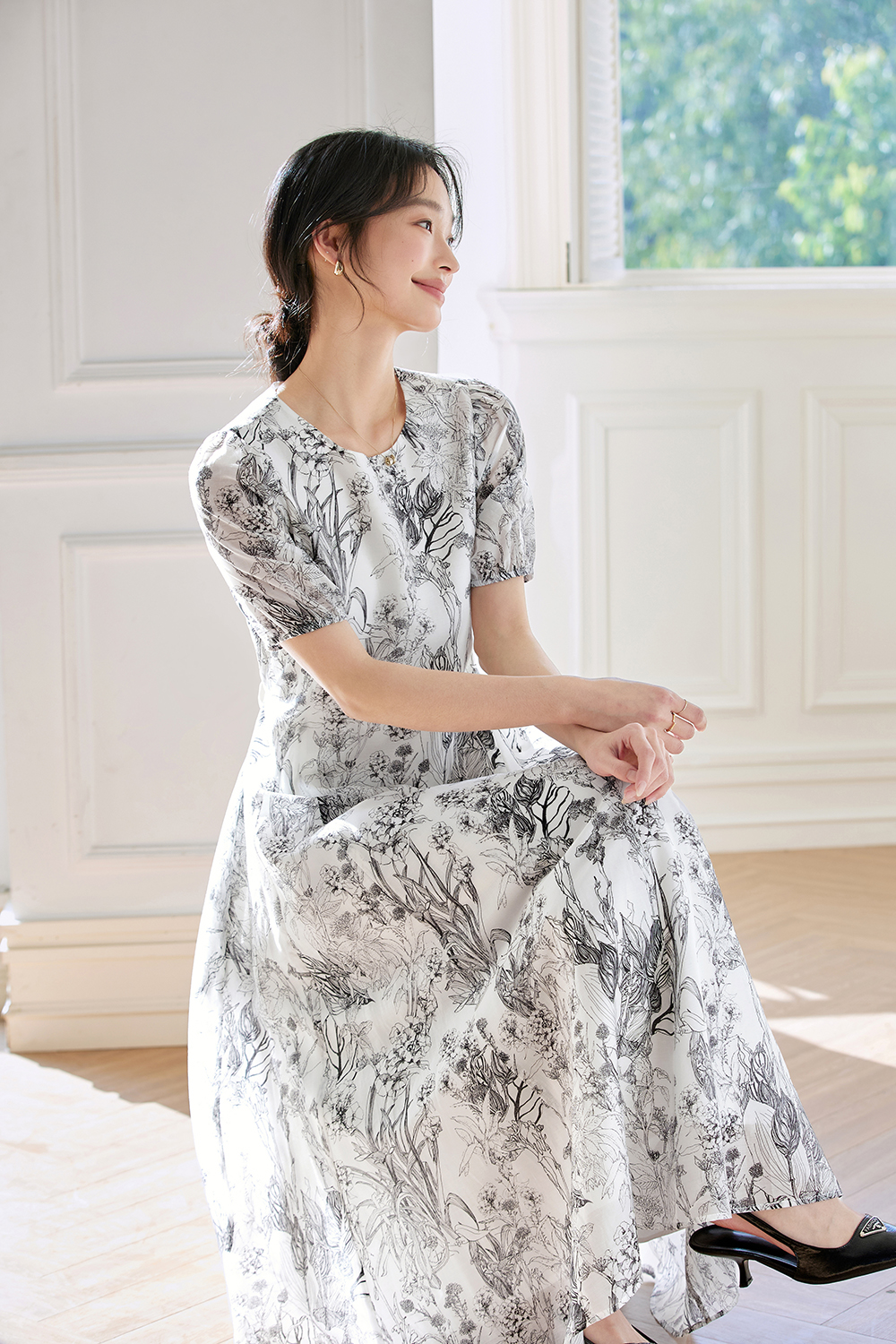 French-Inspired Watercolor Floral Round Neck Pullover Maxi Dress-VIMLYSTORE
