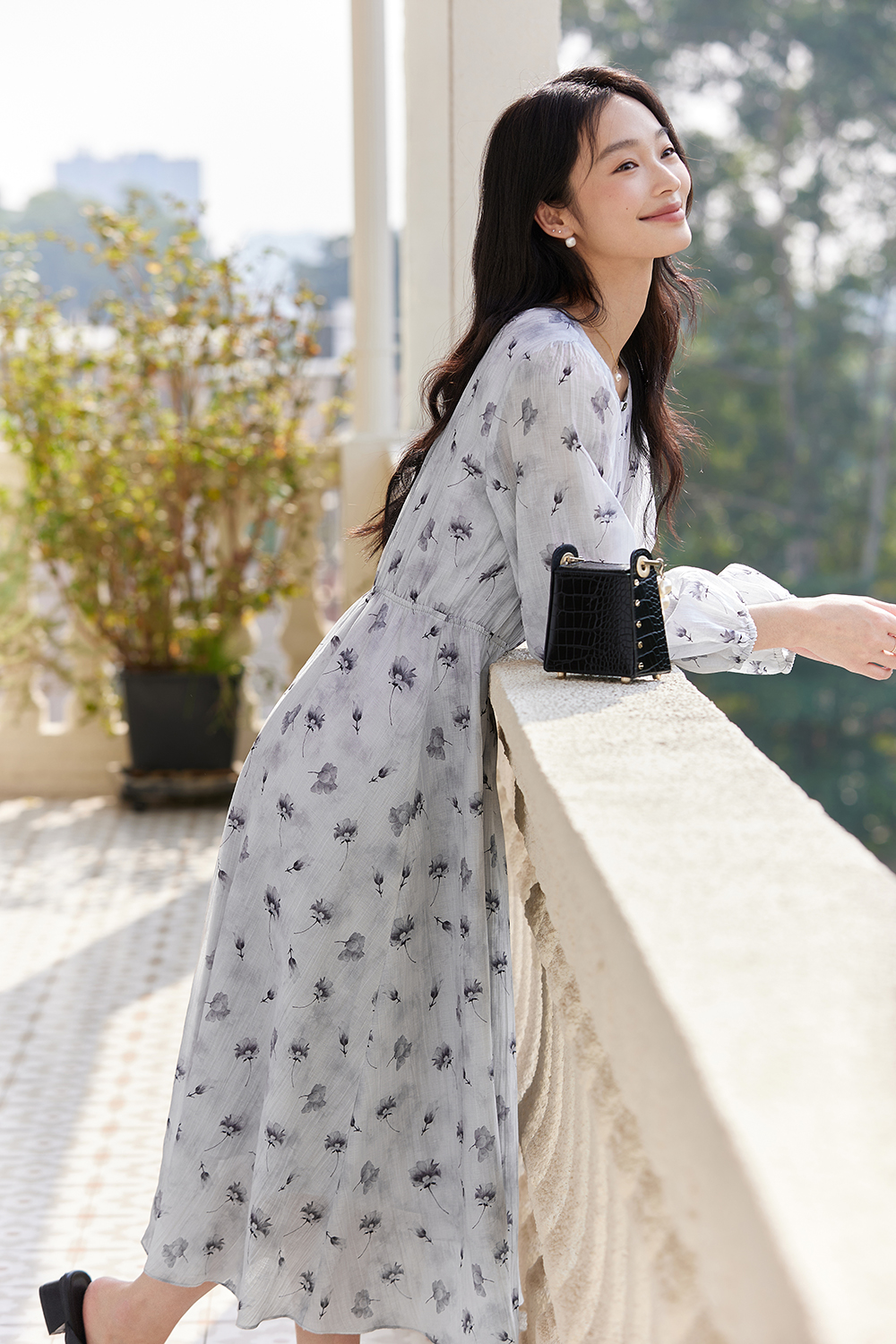Lyocell Print Waist-Defining Slimming Long Sleeve Dress-VIMLYSTORE