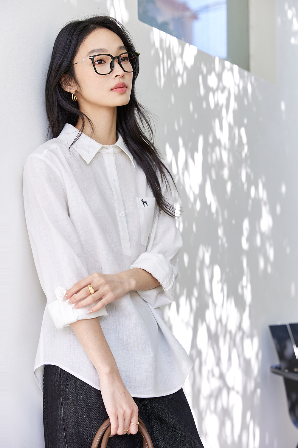 Deer-Embroidered Oversized Shirt for Stylish Commuting-VIMLYSTORE