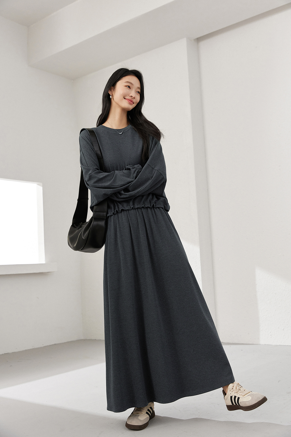 Charcoal Knit Top & A-Line Skirt Coordinated Set-VIMLYSTORE