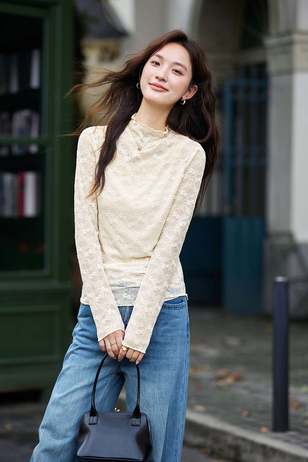 Slim-fit Layering Semi-turtleneck Lace Long Sleeve T-shirt-VIMLYSTORE