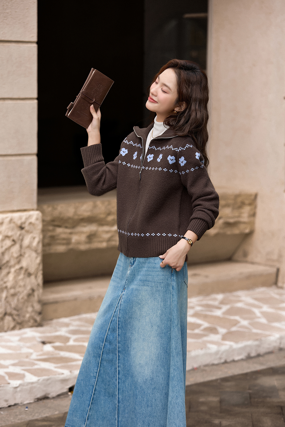 Navy Blue Jacquard Zippered Knitted Cardigan