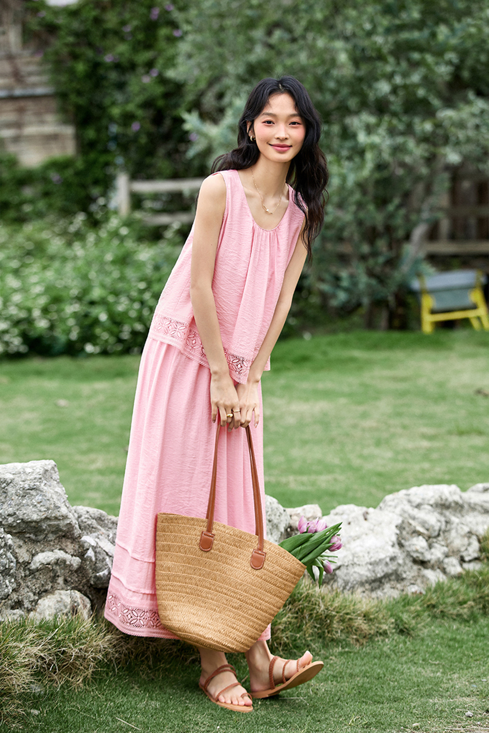 Linen Blend Stitching Lace Sleeveless Top and Half Umbrella skirt Suit-VIMLYSTORE