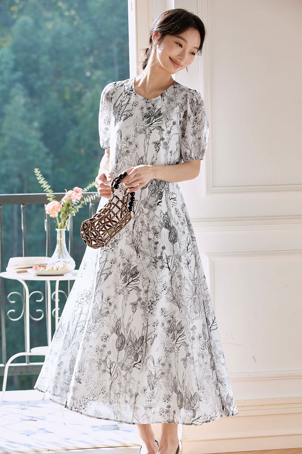 French-Inspired Watercolor Floral Round Neck Pullover Maxi Dress-VIMLYSTORE