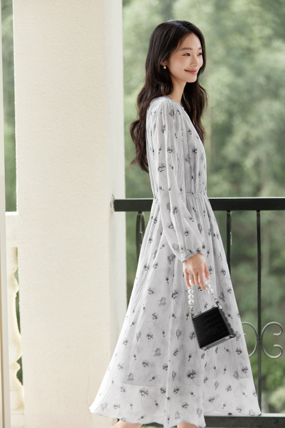 Lyocell Print Waist-Defining Slimming Long Sleeve Dress-VIMLYSTORE