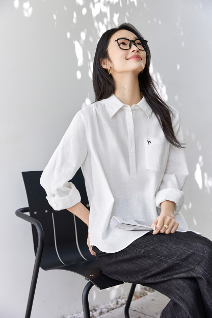 Deer-Embroidered Oversized Shirt for Stylish Commuting-VIMLYSTORE